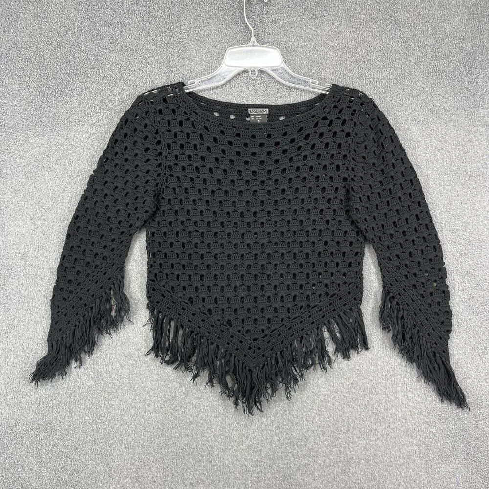 Crochet Sweater Womens Small Black Fringe Boho Open Knit Long Sleeve Ramie Blend